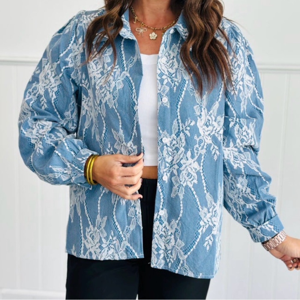 Blue and White Lace Patterned Shirt